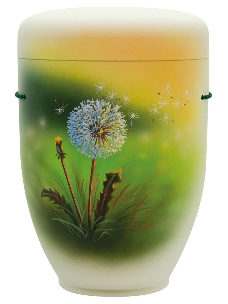 Naturfaserurne, matt warmweiss, handbemaltes Motiv: Pusteblume