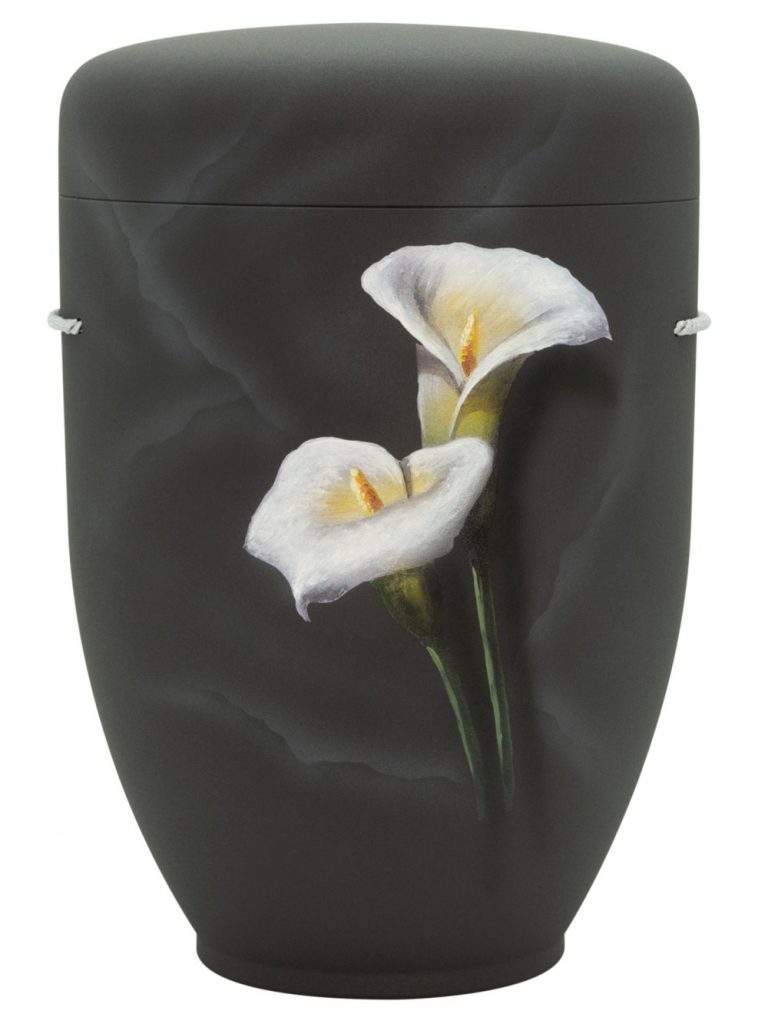 Naturfaserurne, matt granit, handbemaltes Motiv: Calla im Marmor