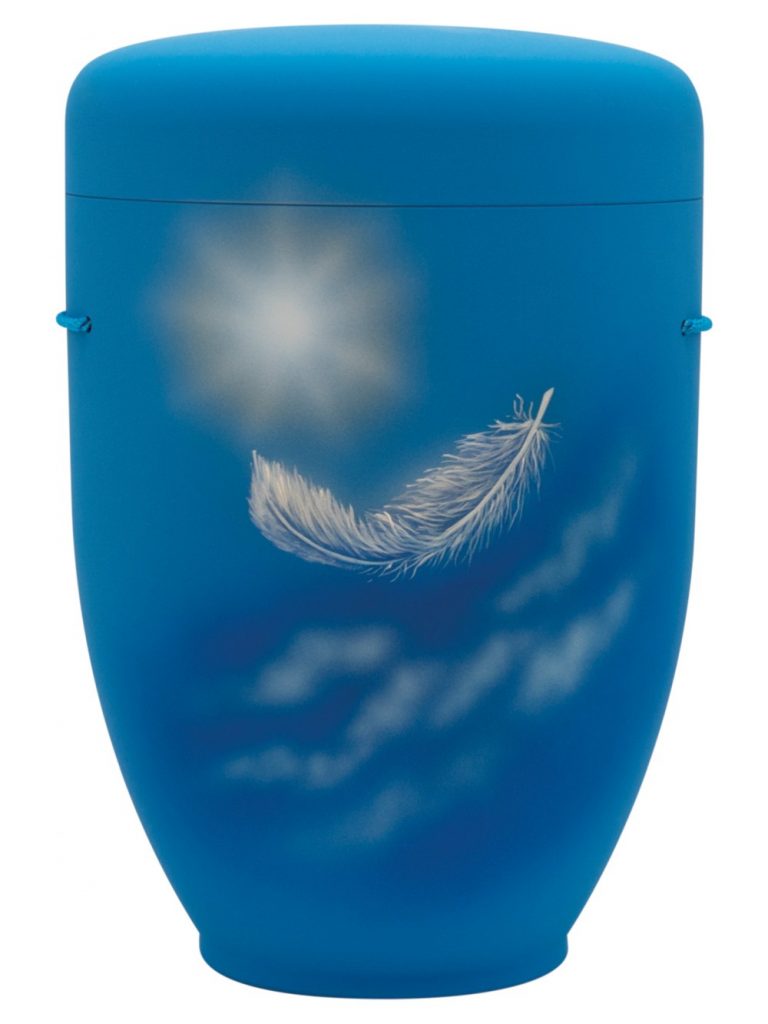 Naturfaserurne, matt hellblau, handbemaltes Motiv: Wolkenfeder