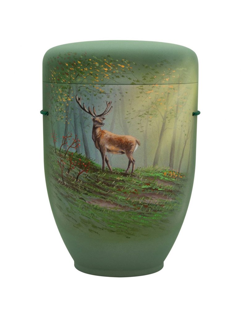 Handbemalte Motiv-Urne mit Hirsch in lichtem Wald