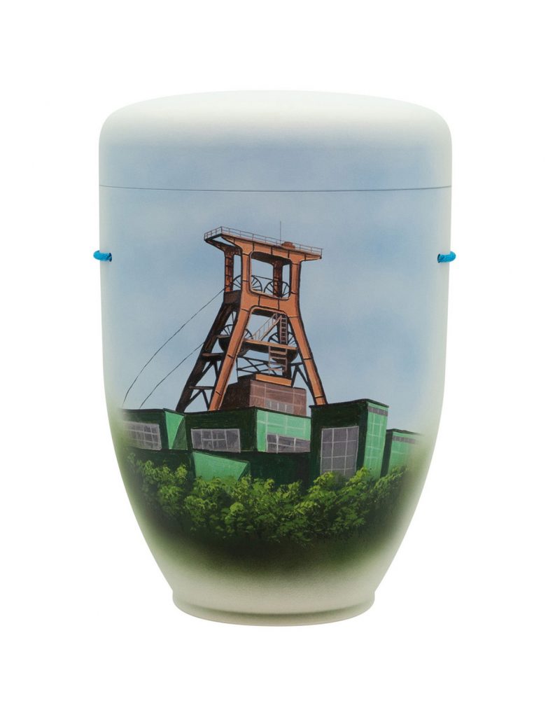 Handbemalte Motiv-Urne mit Zechen-Förderturm und Industriekulisse