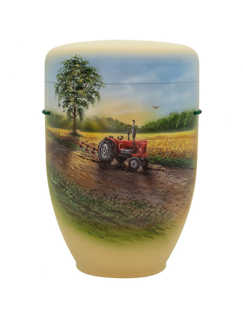 Handbemalte Motiv-Urne mit rotem Traktor auf dem Feld