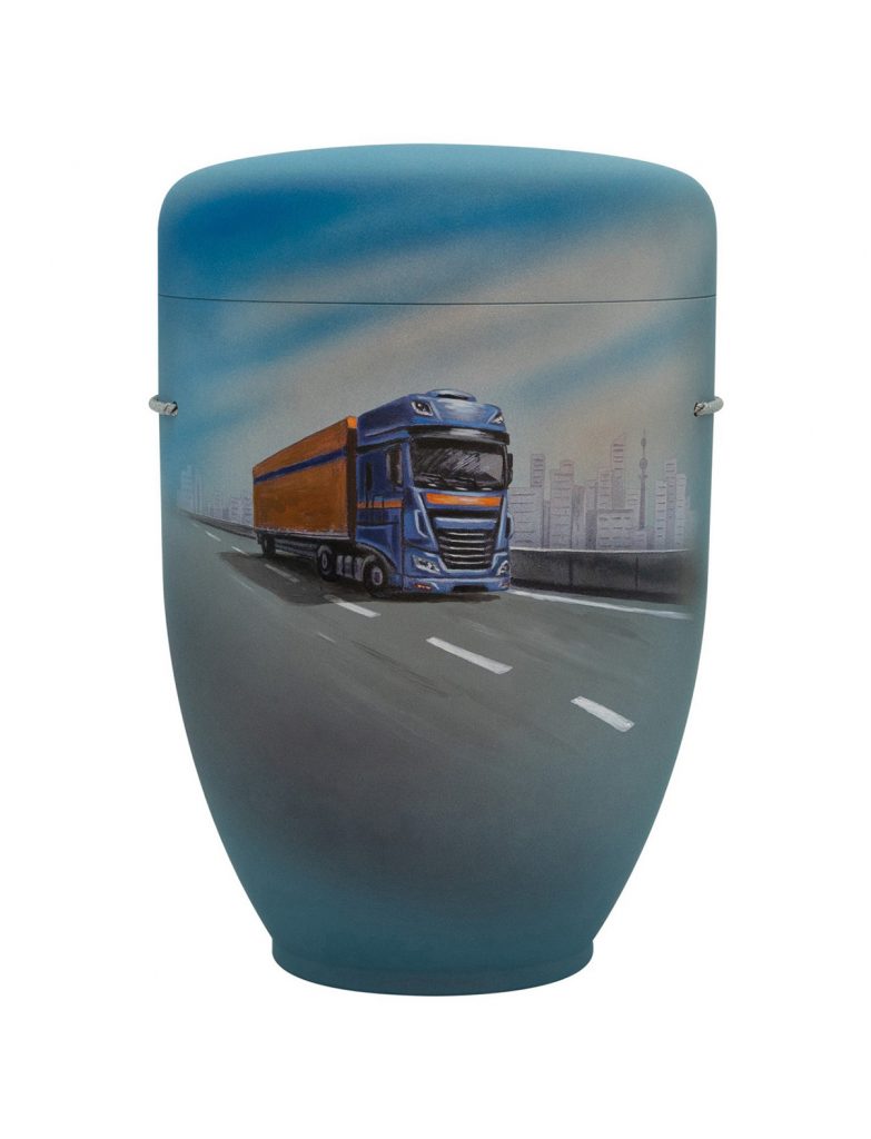 Handbemalte Motiv-Urne mit blauer Sattelzugmaschine auf Autobahn
