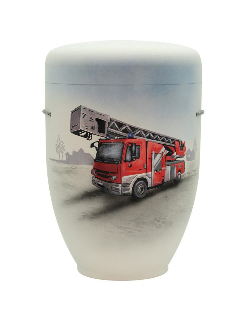 Handbemalte Motiv-Urne mit Feuerwehr-Drehleiterfahrzeug
