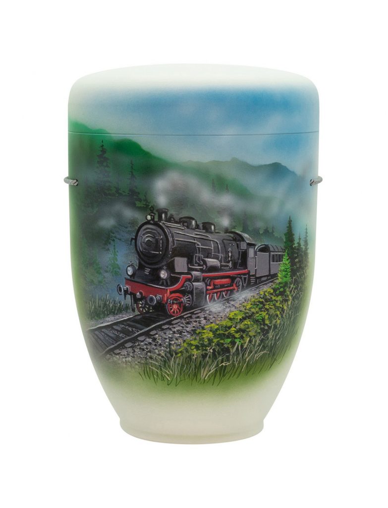 Handbemalte Motiv-Urne mit Dampflok in bergiger Landschaft