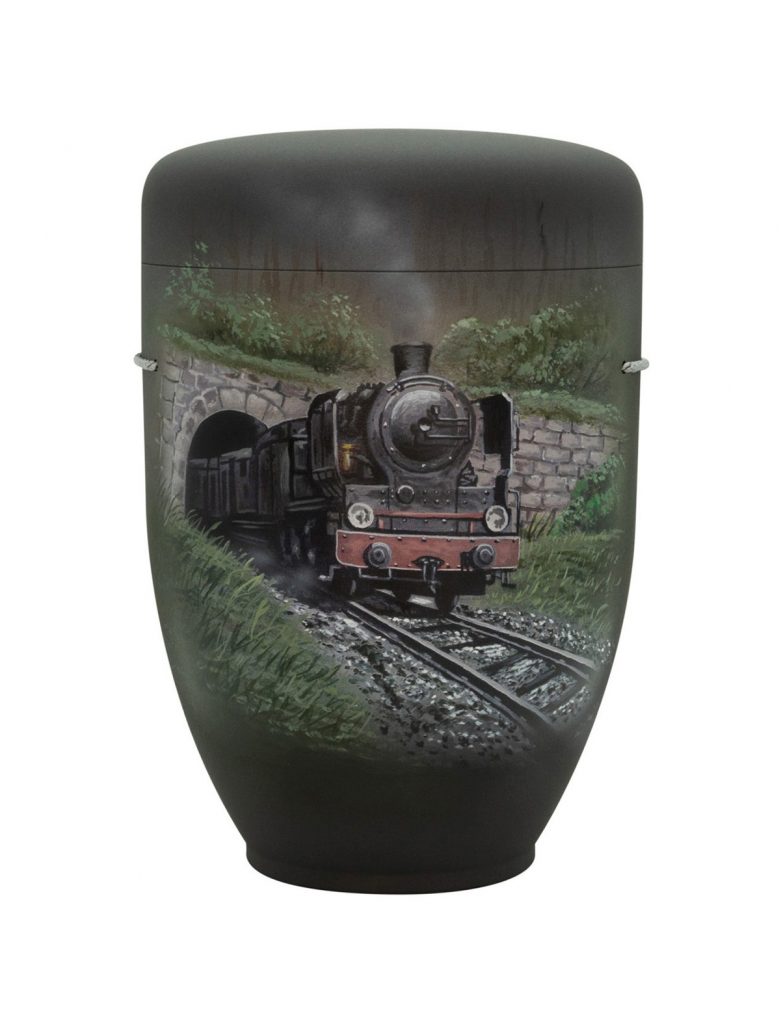 Handbemalte Motiv-Urne mit Dampflok vor Tunnel