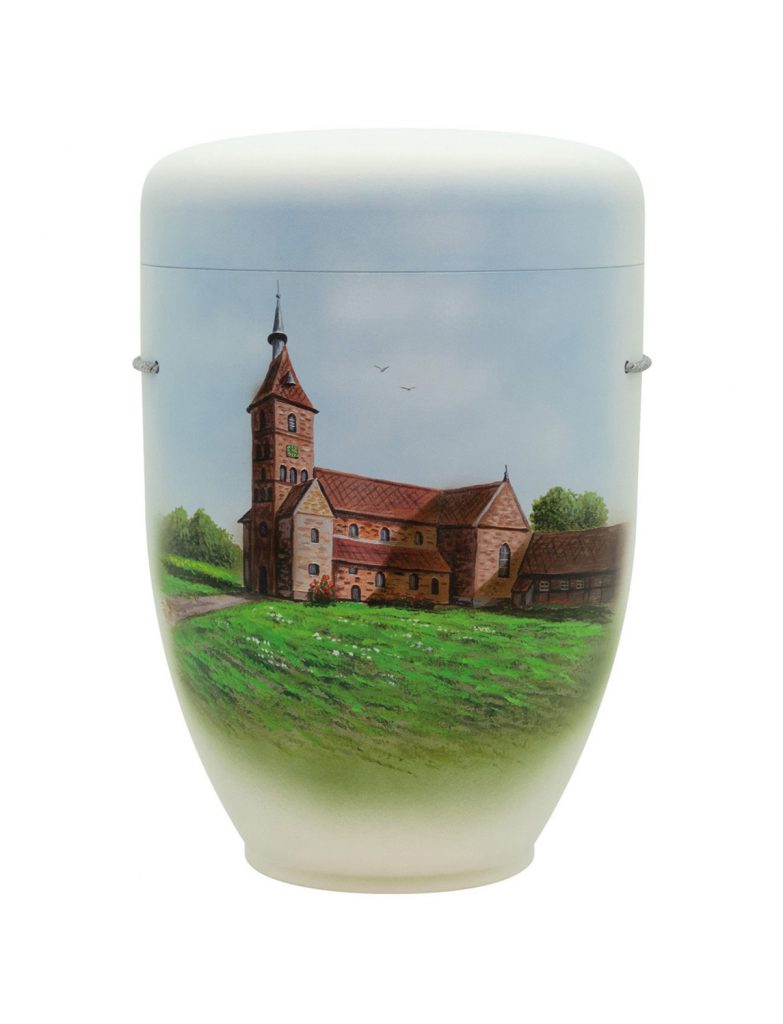 Handbemalte Motiv-Urne mit Backstein-Kirche in Landschaft
