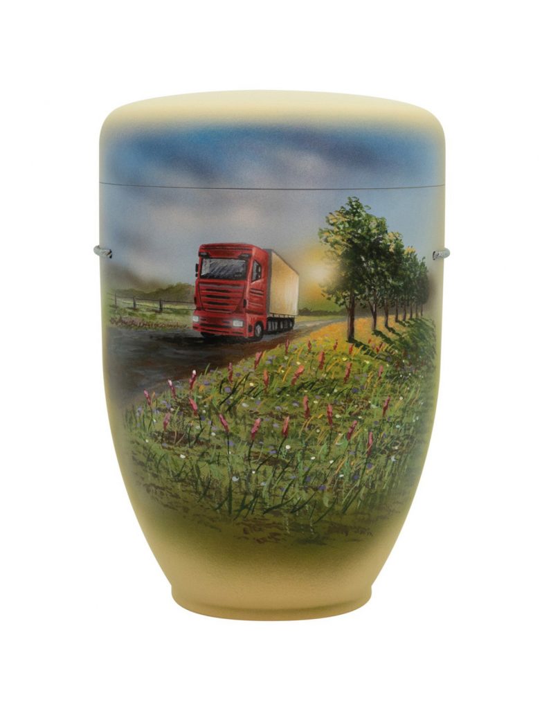 Handbemalte Motiv-Urne mit rotem Fernlaster in Allee-Landschaft