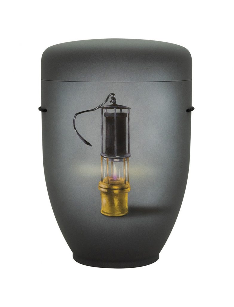 Handbemalte Motiv-Urne mit Grubenlampe auf dunklem Grund