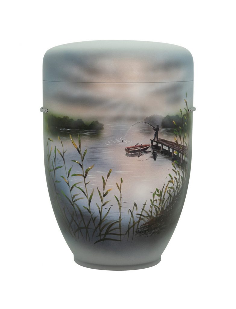 Handbemalte Motiv-Urne mit Angler am Steg an einem See
