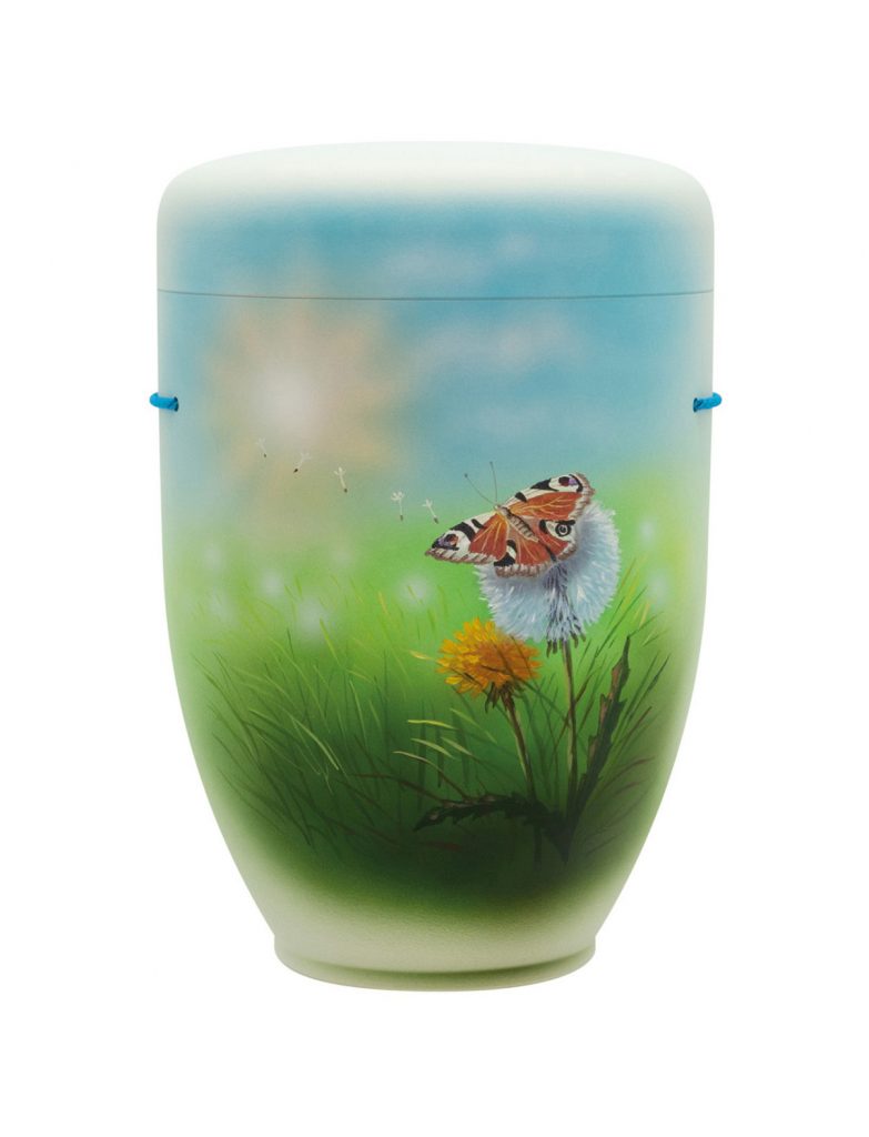 Handbemalte Motiv-Urne mit Schmetterling und Pusteblume auf Wiese
