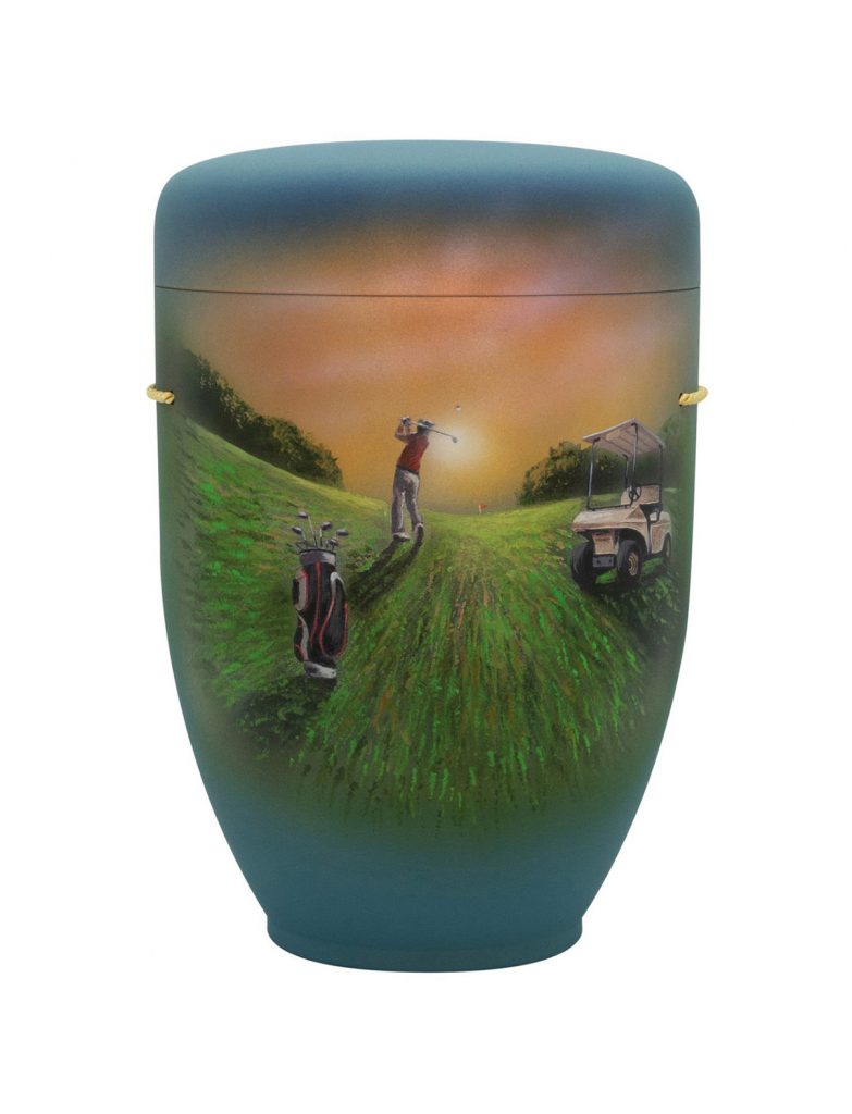 Handbemalte Motiv-Urne mit Golfer beim Abschlag in Abendstimmung