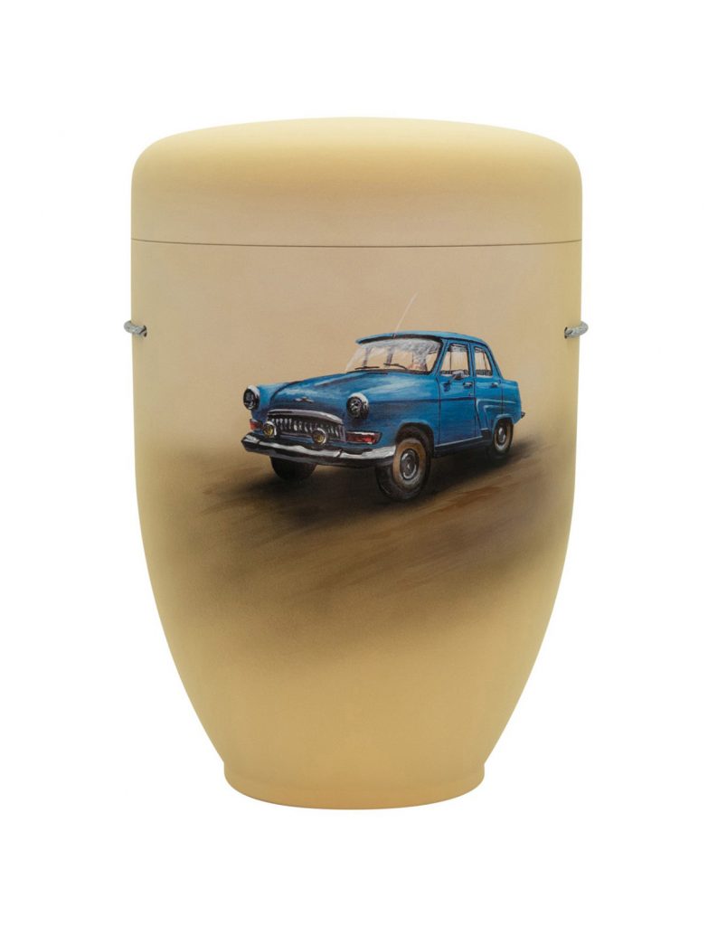 Handbemalte Motiv-Urne mit klassischem blauen Oldtimer