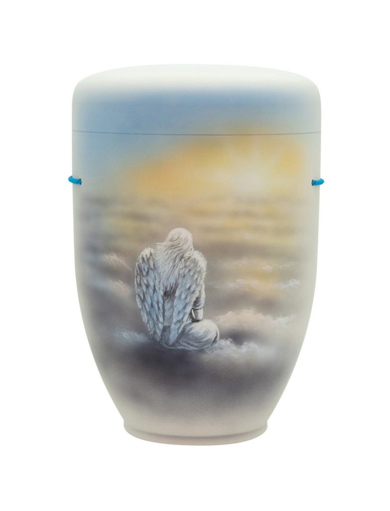 Handbemalte Motiv-Urne mit sitzendem Engel in Wolken