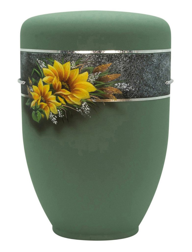 Grüne Urne mit handbemalter Sonnenblumen-Bordüre – Naturmotiv