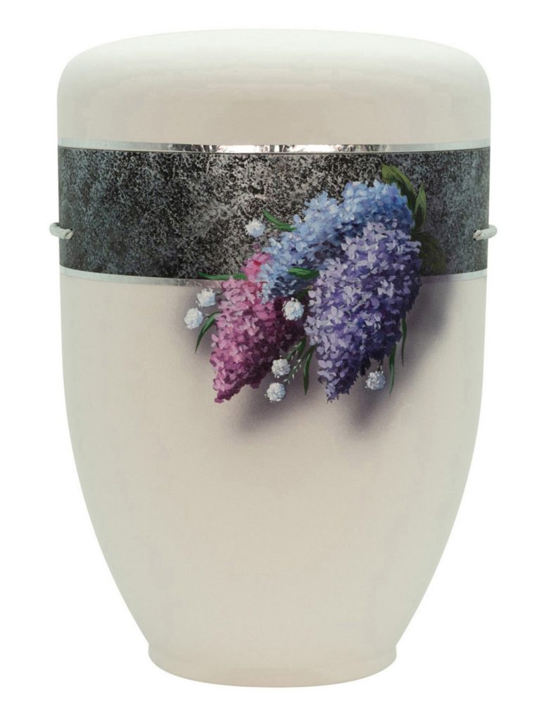Weiße Urne mit Fliederblüten-Bordüre – edel und zeitlos