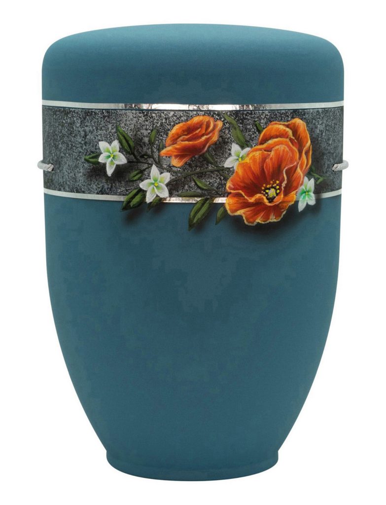 Blaue Urne mit Mohnblumen-Bordüre – florales Design