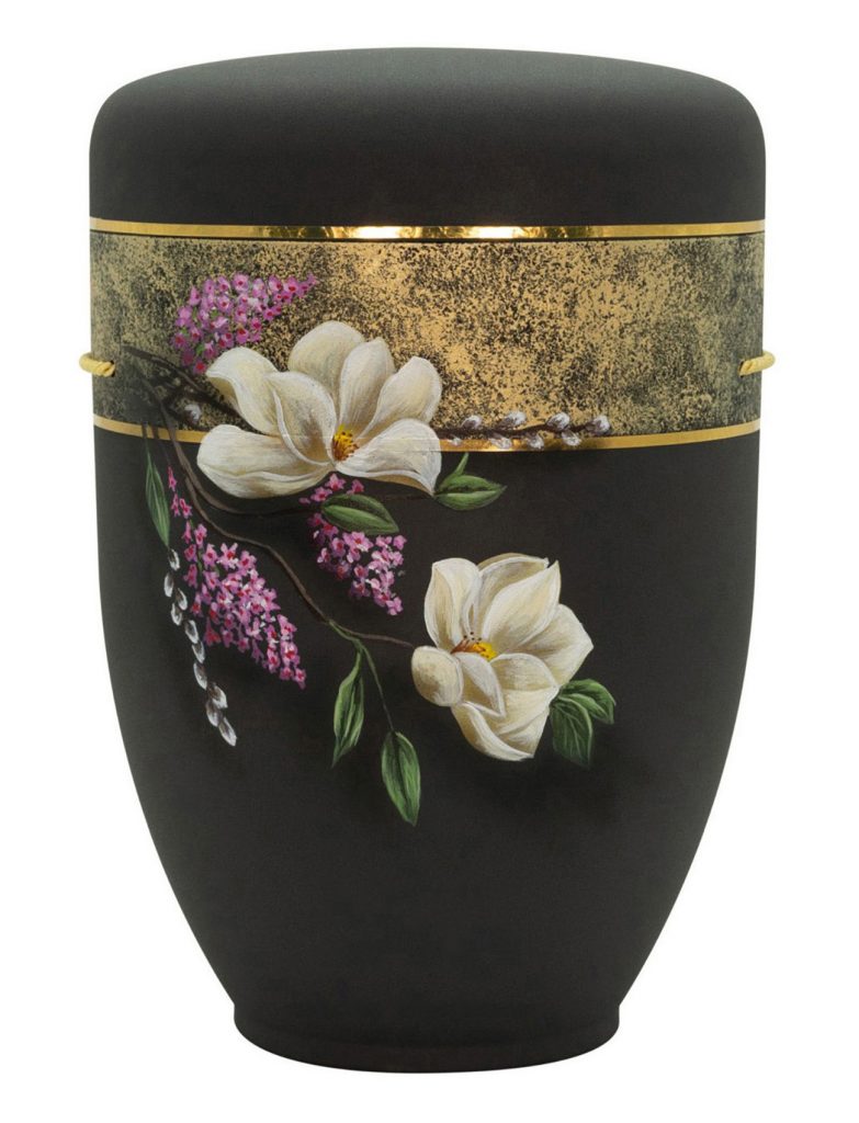 Schwarze Urne mit goldener Magnolien-Bordüre – edles Design