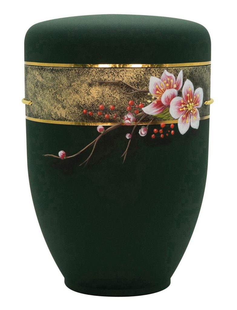 Dunkelgrüne Urne mit Kirschblüten-Bordüre – naturverbunden