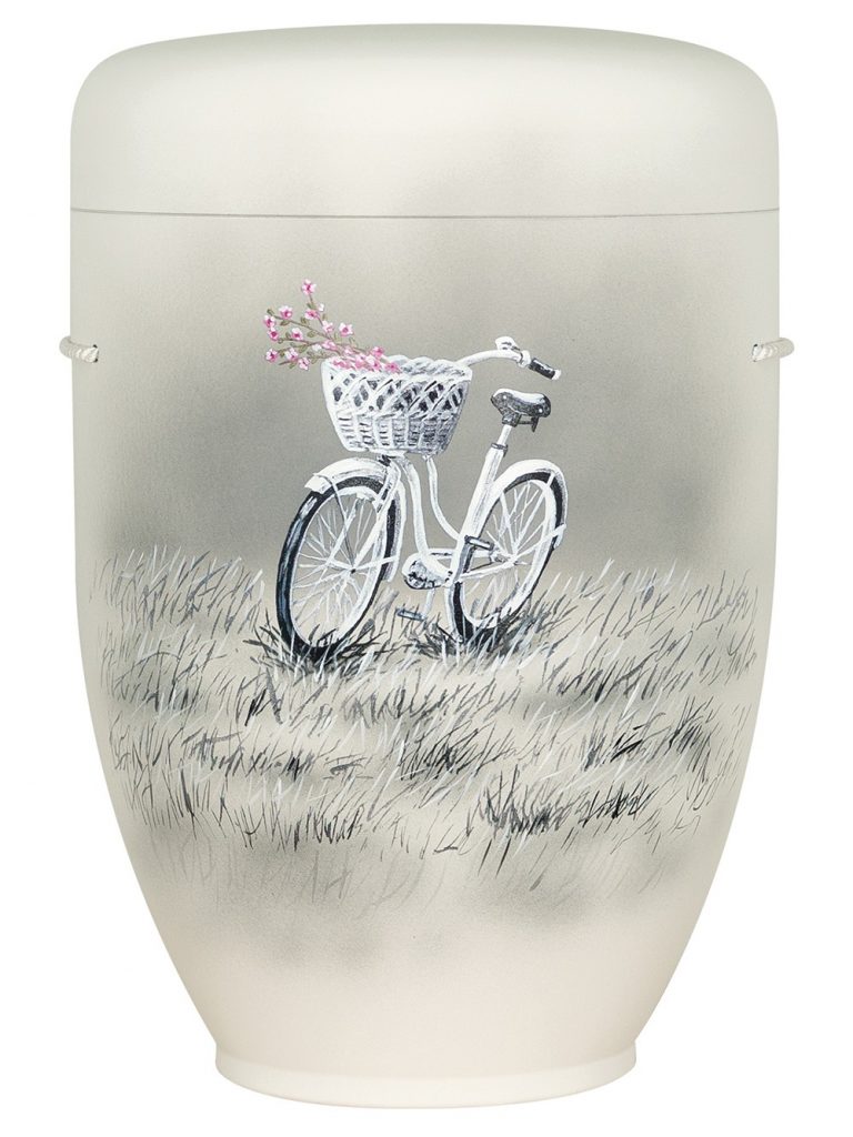 Naturfaserurne, matt weiß, Motiv Fahrrad mit Blumen