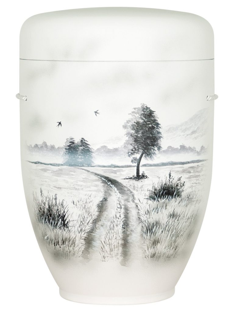 Naturfaserurne, matt weiß, Motiv Landschaft mit Baum und Vögeln