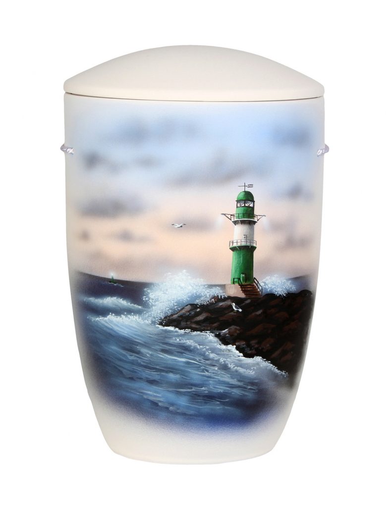 Handbemalte See-Urne mit Leuchtturm und Wellenmotiv in maritimen Farben