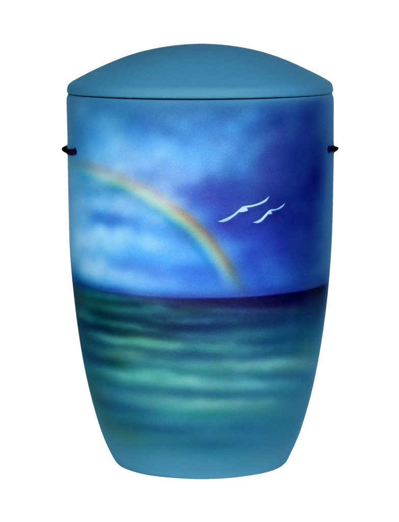 See-Urne mit Regenbogen und Möwen über dem Ozean, handbemalt