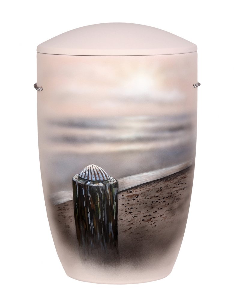 Maritime Urne mit Strand, Pfahl und Muschelmotiv, handbemalt