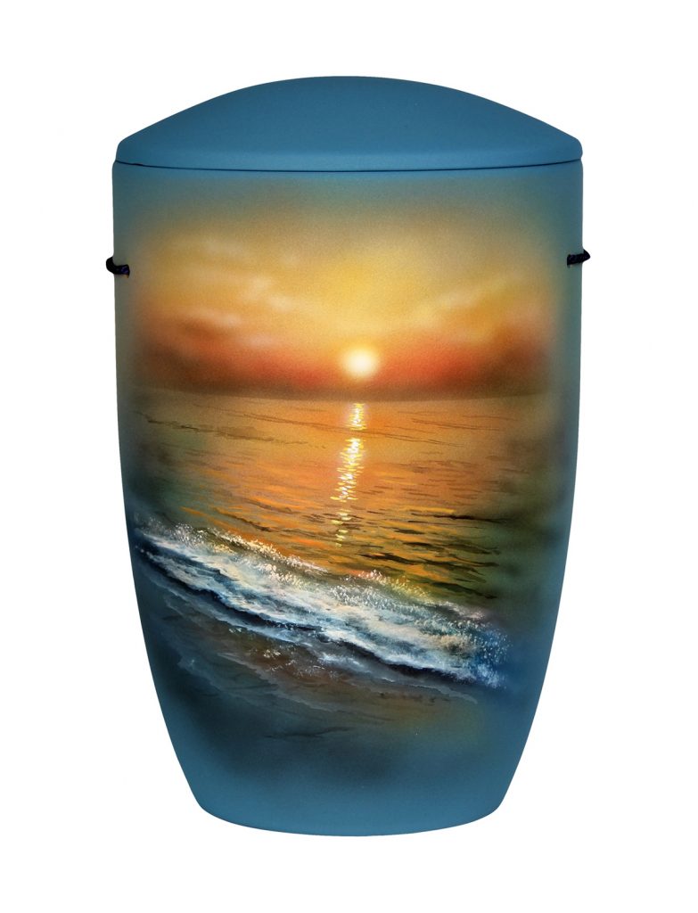 Handbemalte See-Urne mit Sonnenuntergang und Wellenmotiv