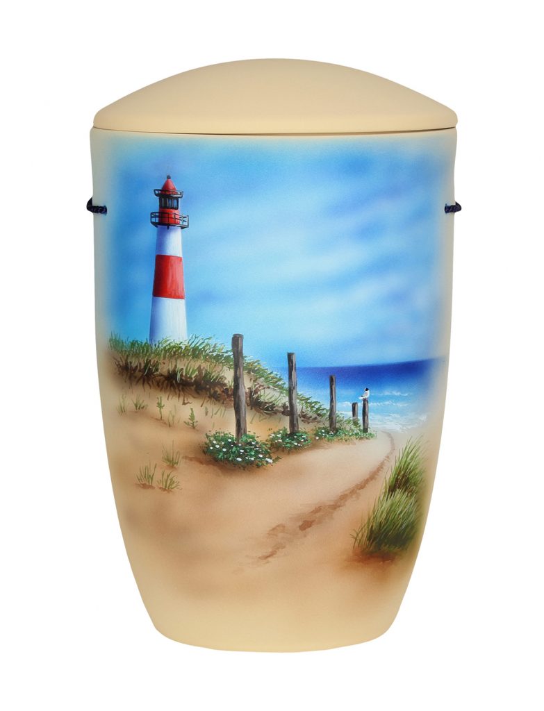 Maritime Urne mit Leuchtturm, Dünenlandschaft und Meerblick