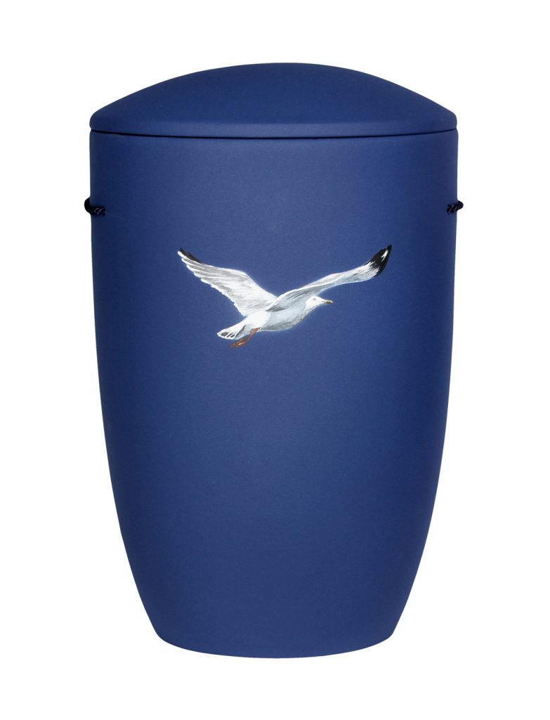 Blaue See-Urne mit handgemalter Möwe im Flug