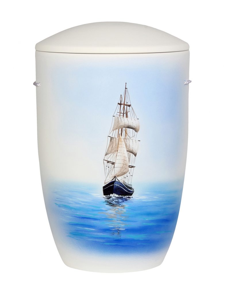 Handbemalte Urne mit Segelschiff auf stiller See