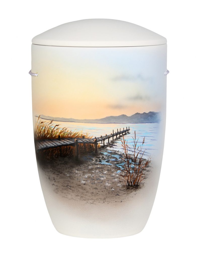 Seeurne mit Steg am See und Abendstimmung – handbemalt, Naturmotiv