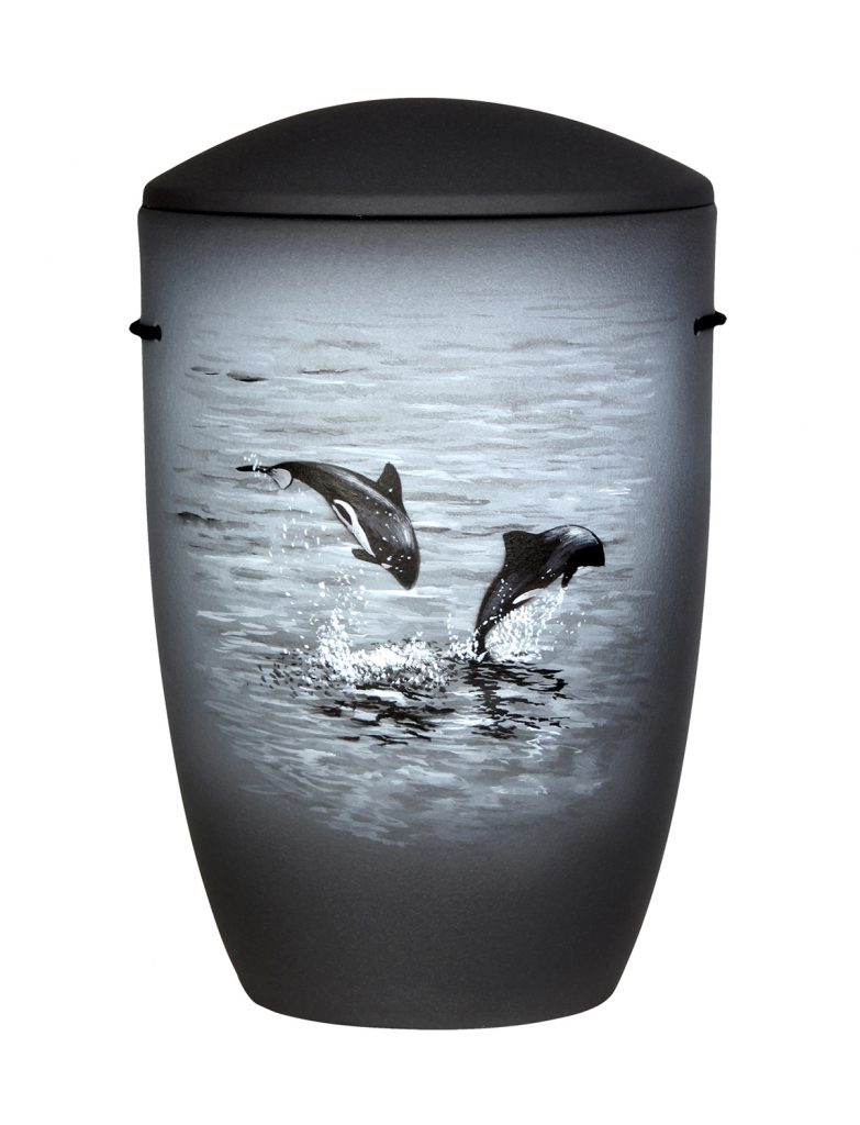 Seeurne mit springenden Delfinen – maritime Urne in Grau