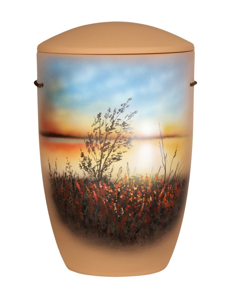 Seeurne mit Sonnenuntergang und Blumenfeld – handbemalt, maritim