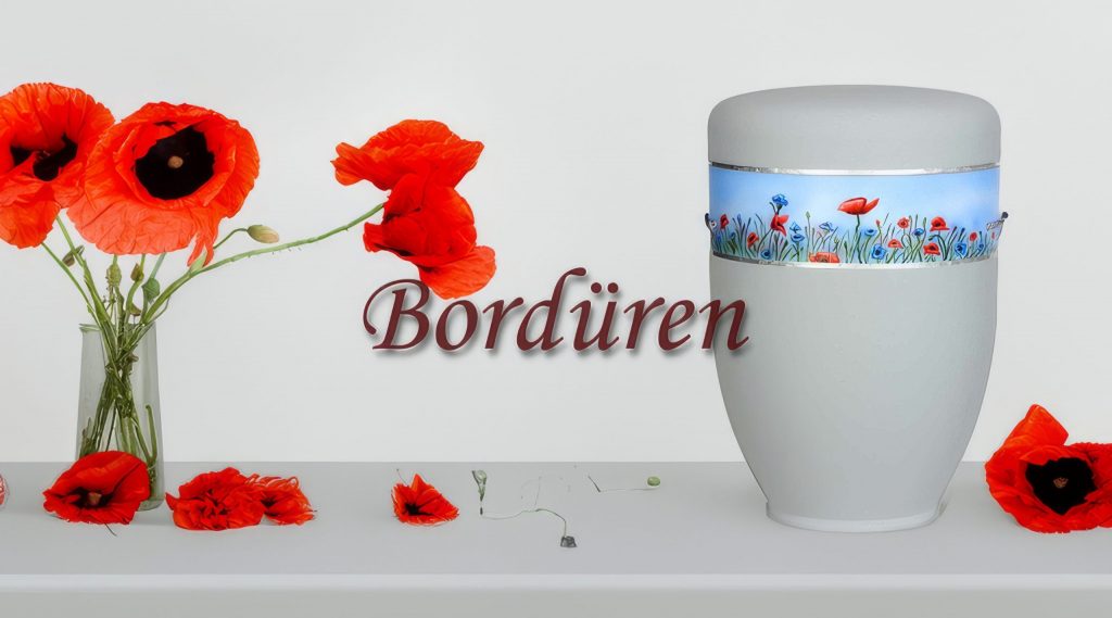 Biologisch abbaubare Urne mit handgemalter Bordüre aus Blumenmotiven
