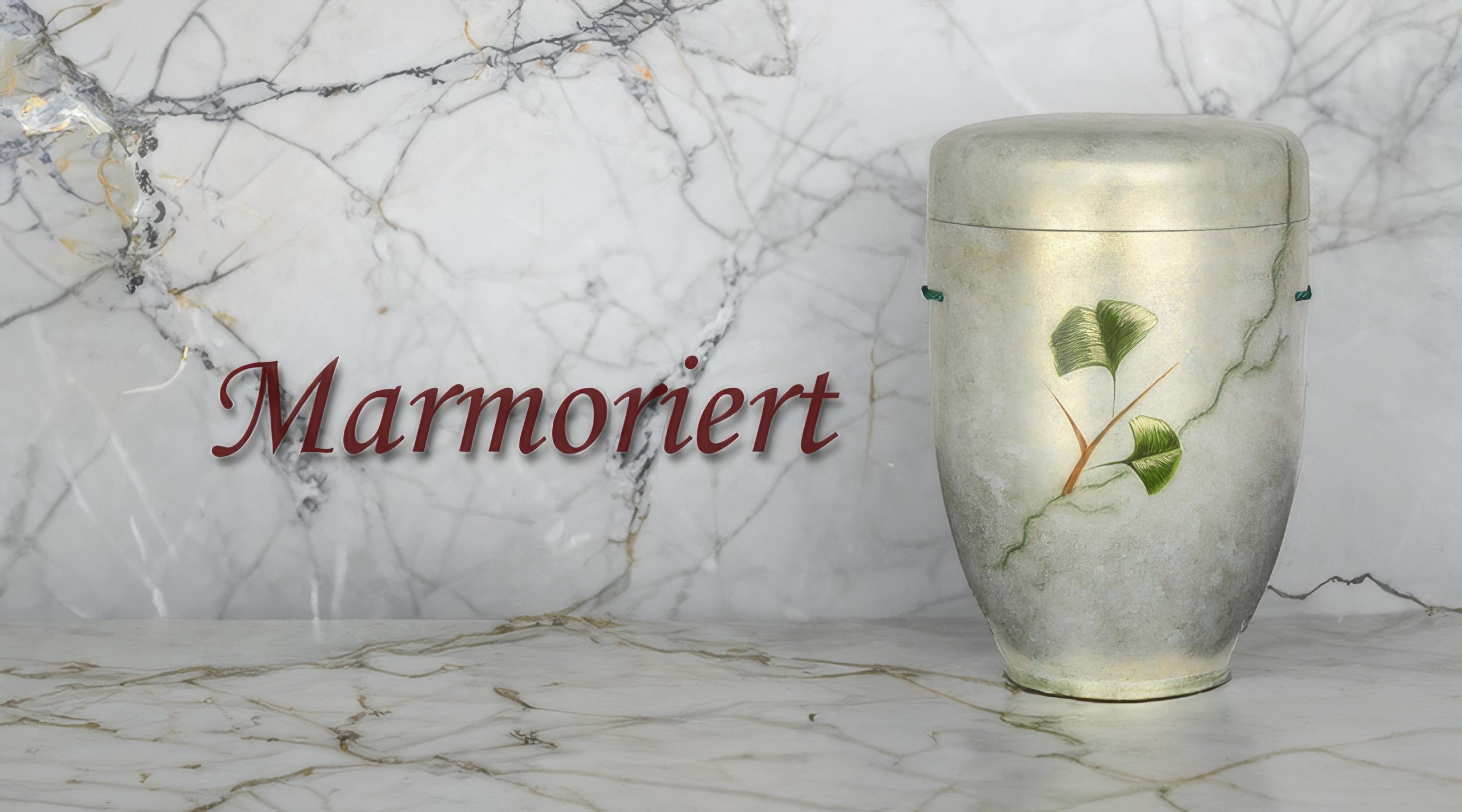 Handgefertigte marmorierte Urne mit Ginkgo-Motiv – biologisch abbaubar
