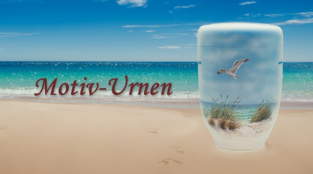 Handbemalte Motiv-Urne mit Strand- und Möwenmotiv – biologisch abbaubar