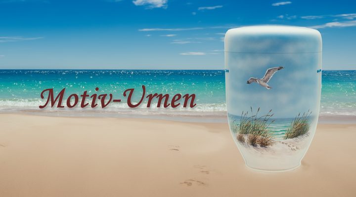 Biologisch abbaubare Urne mit Strand- und Möwen-Motiv – handgefertigte Motiv-Urne