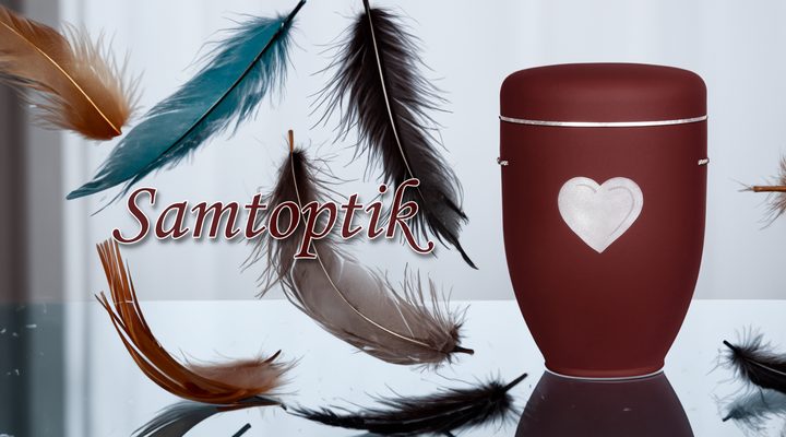 Handgefertigte biologisch abbaubare Urne in Samtoptik mit Herzsymbol – stilvoll gestaltet