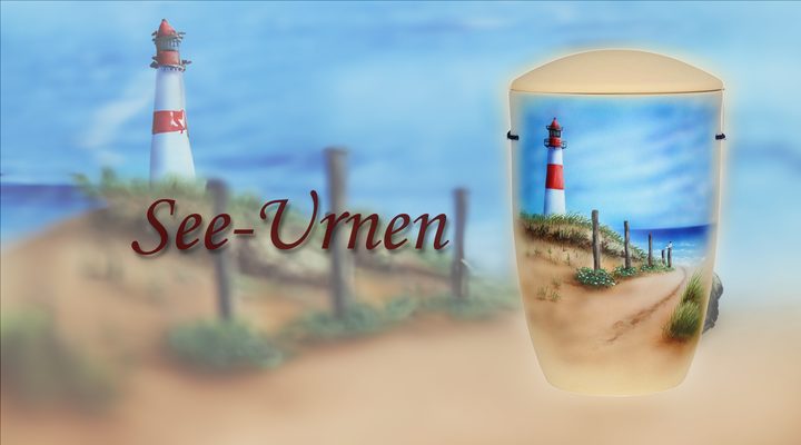 Handgefertigte biologisch abbaubare See-Urne mit Leuchtturm-Motiv für eine maritime Bestattung