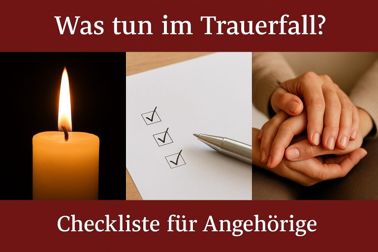 Collage mit Kerze, Checkliste und helfenden Händen – Symbolbild für die Checkliste im Trauerfall von Löer Bestattungen