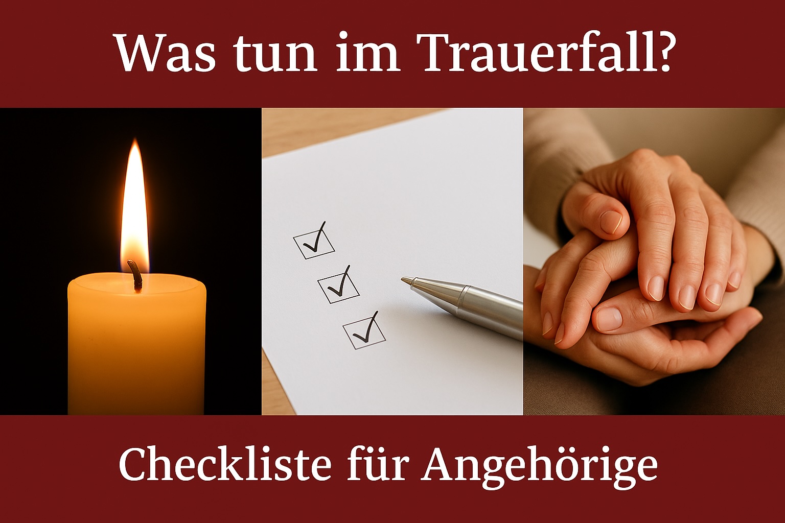 Collage mit Kerze, Checkliste und helfenden Händen – Symbolbild für die Checkliste im Trauerfall von Löer Bestattungen