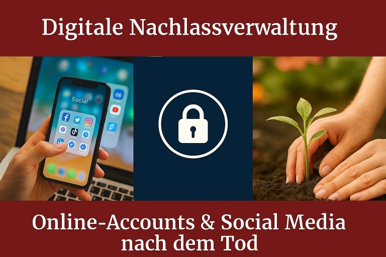 Symbolgrafik zur digitalen Nachlassverwaltung: Computer und Social-Media-Symbole als Hinweis auf Online-Accounts und digitale Spuren nach dem Tod