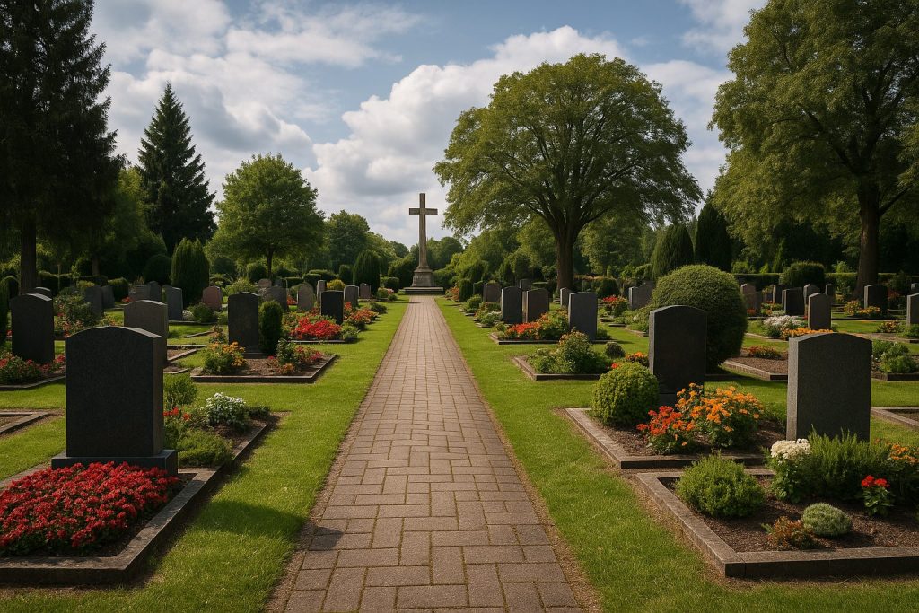 Ruhiger Friedhof mit Grabsteinen, Blumen und alten Bäumen im Sommerlicht
