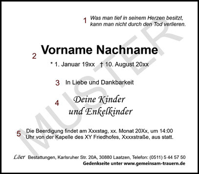 Klassische Traueranzeige mit Namen, Daten, Spruch und Beerdigungshinweis – Gestaltung durch Löer Bestattungen