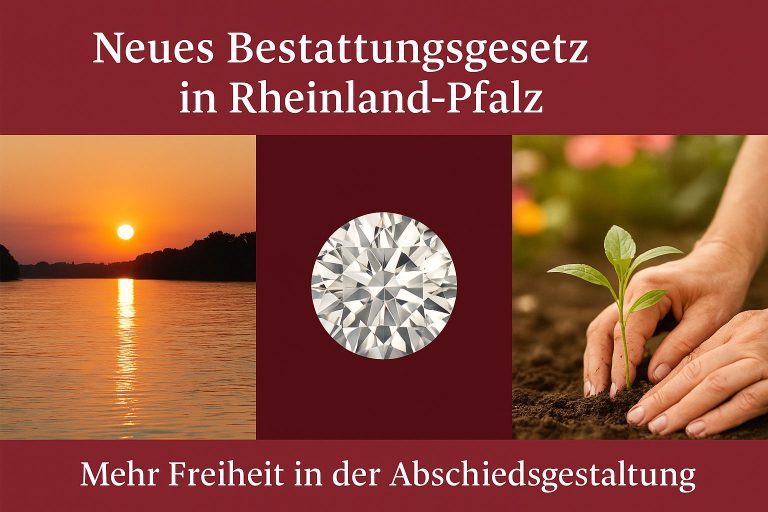 Collage zum neuen Bestattungsgesetz Rheinland-Pfalz 2025: Rhein bei Sonnenuntergang, Diamant und Pflanze als Symbole neuer Beisetzungsarten