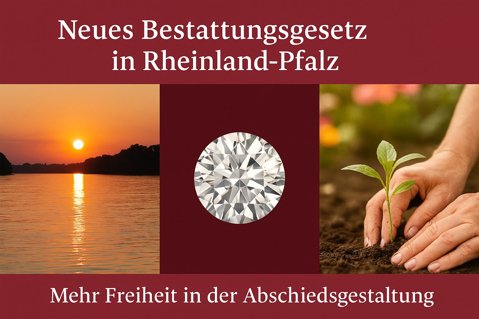 Collage zum neuen Bestattungsgesetz Rheinland-Pfalz 2025: Rhein bei Sonnenuntergang, Diamant und Pflanze als Symbole neuer Beisetzungsarten