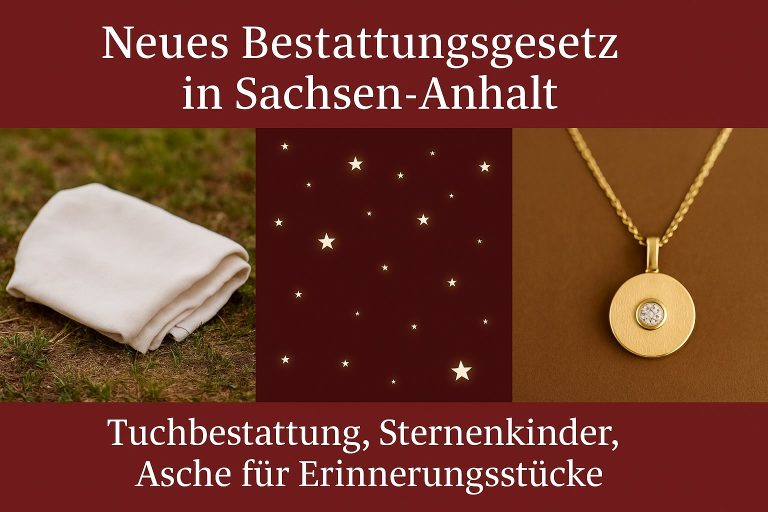 Collage zum neuen Bestattungsgesetz Sachsen-Anhalt 2025: Tuch, Sterne und Schmuckstück als Symbole für neue Bestattungsarten