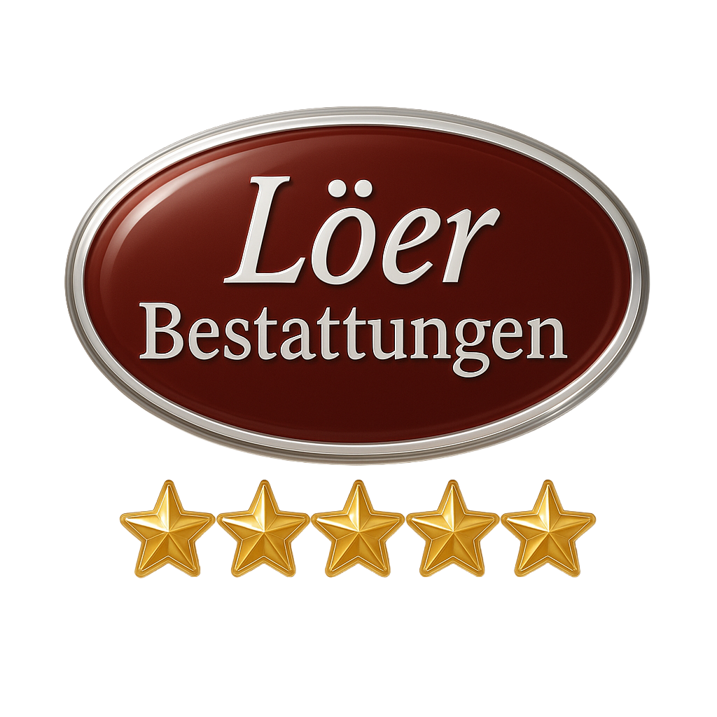 Logo von Löer Bestattungen aus Laatzen mit fünf goldenen Sternen darunter – Symbol für Qualität, Vertrauen und exzellente Kundenbewertungen im Trauerfall.